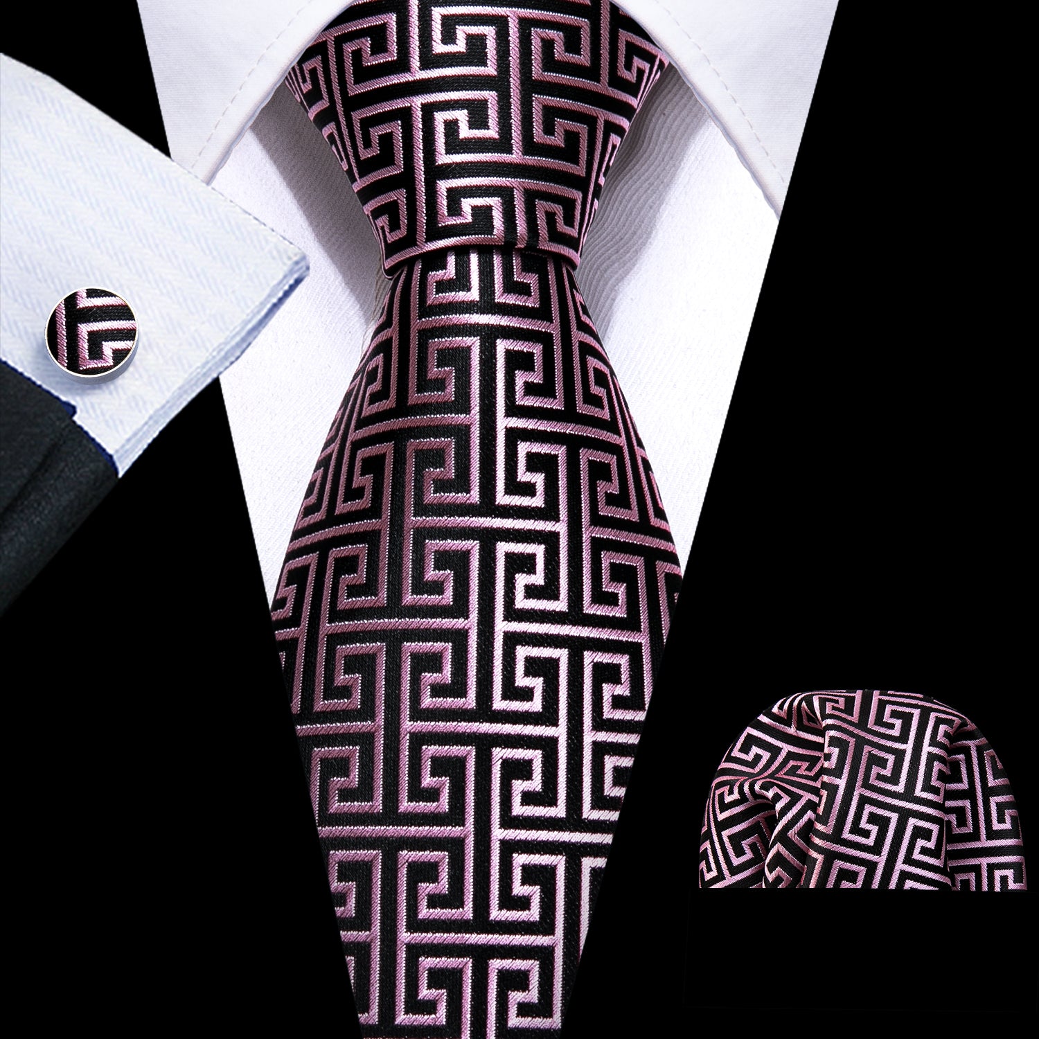 Novelty Black Pink Floral Silk Tie Pocket Square Cufflinks Set