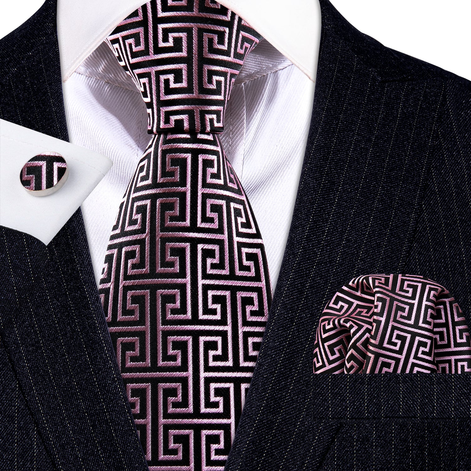 Novelty Black Pink Floral Silk Tie Pocket Square Cufflinks Set