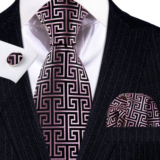 Barry. Wang Novelty Black Pink Geometric Silk Tie Pocket Square Cufflinks Set