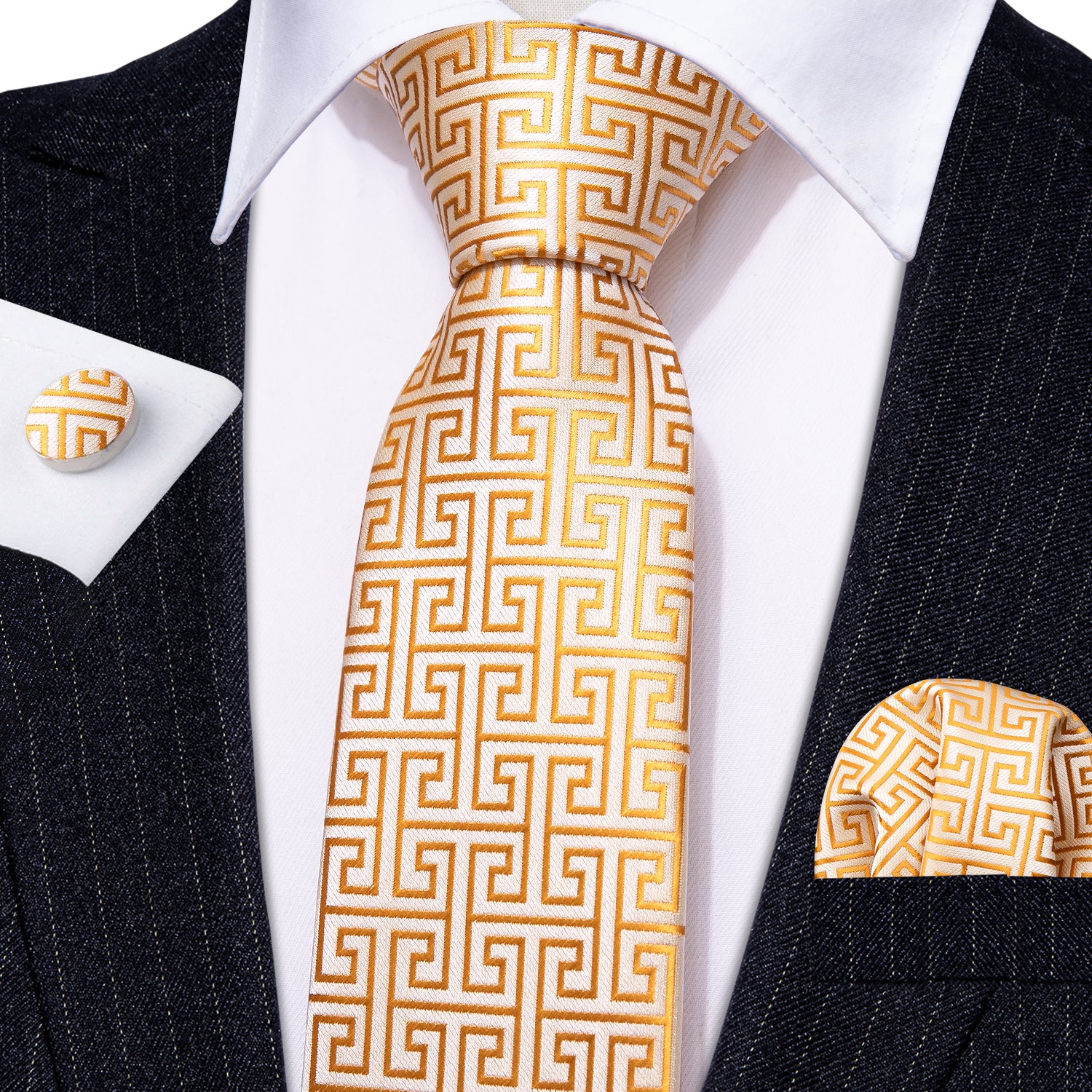 Yellow Gold Novelty Silk Tie Handkerchief Cufflinks Set