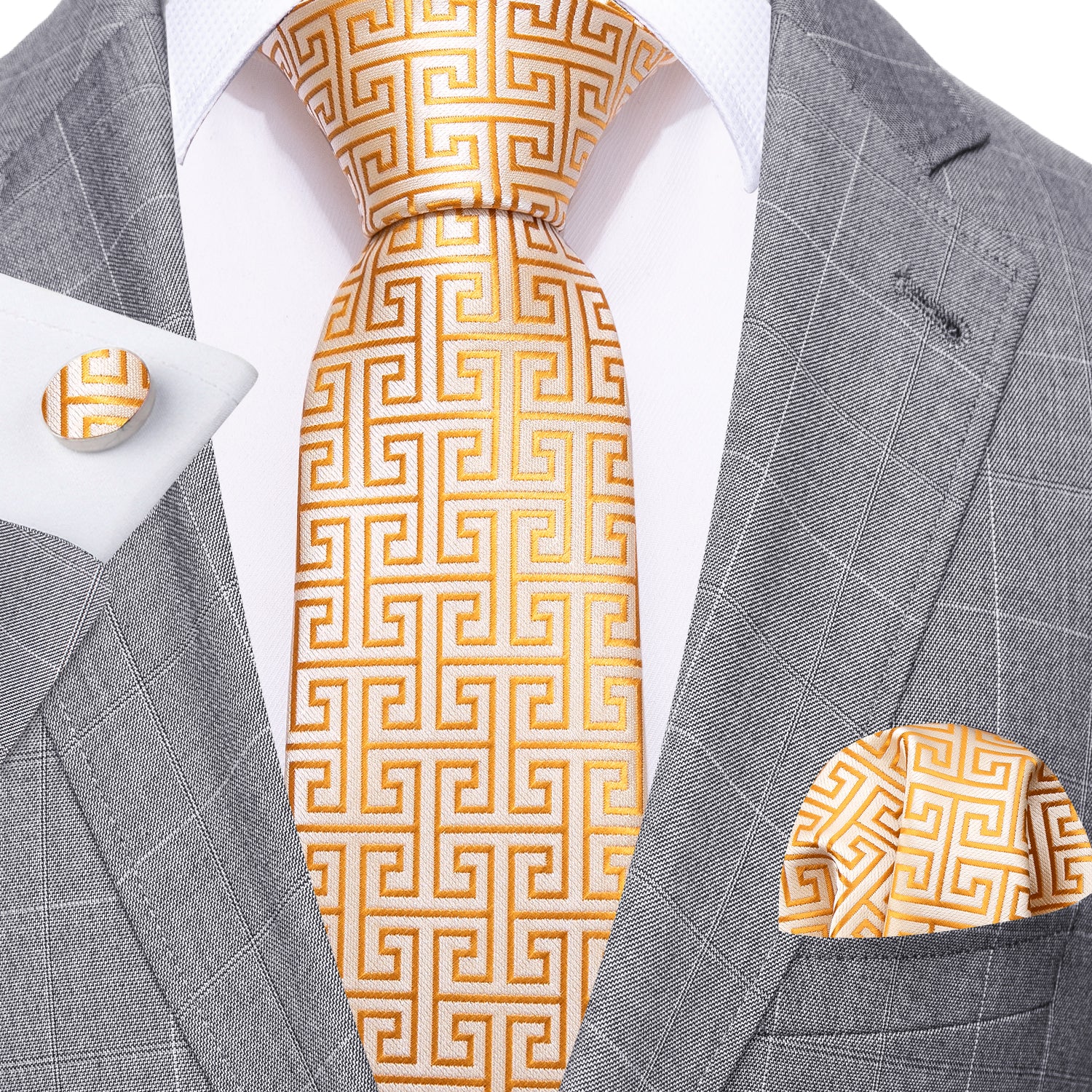 Yellow Gold Novelty Silk Tie Handkerchief Cufflinks Set