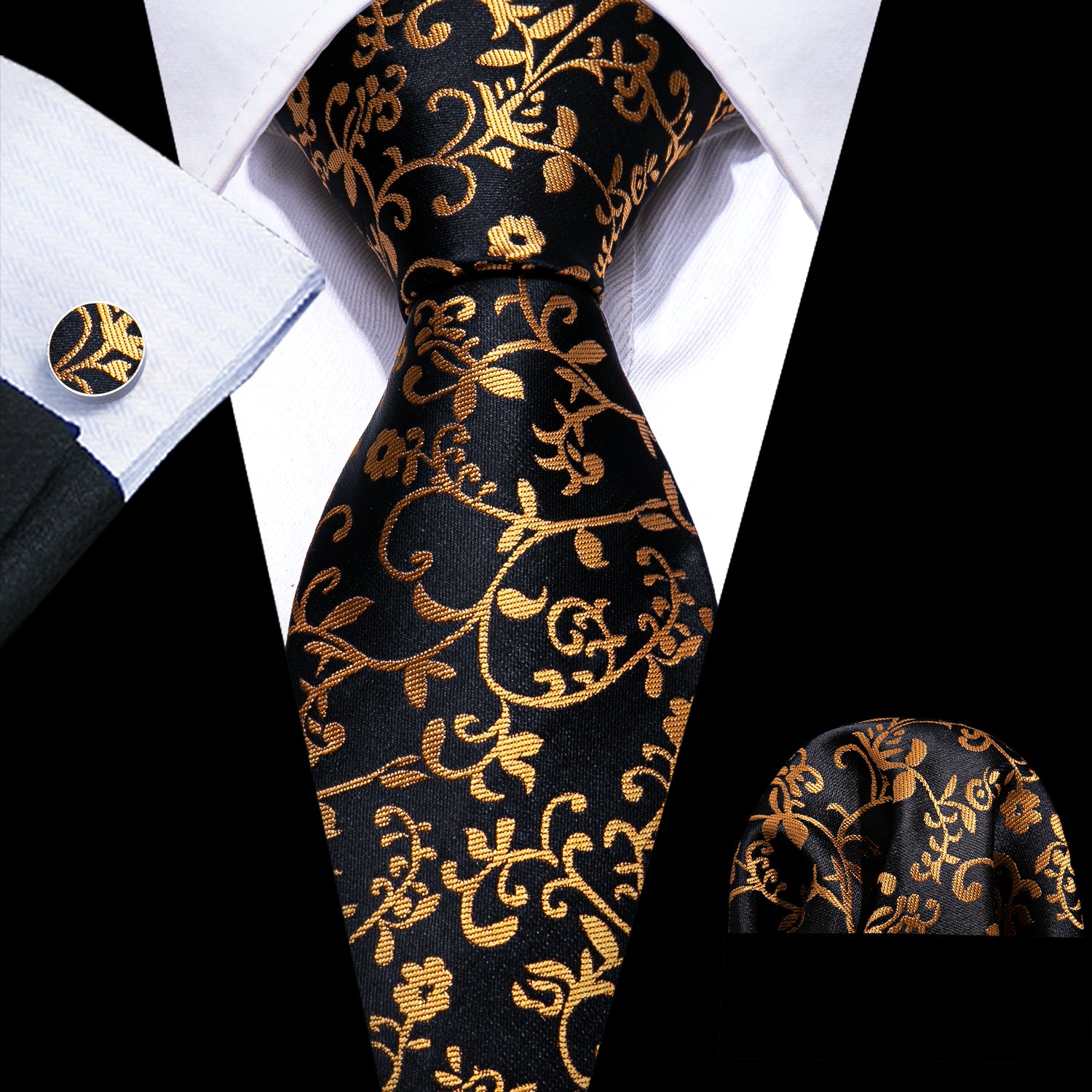 Black Gold Froral Silk Tie Hanky Cufflinks Set