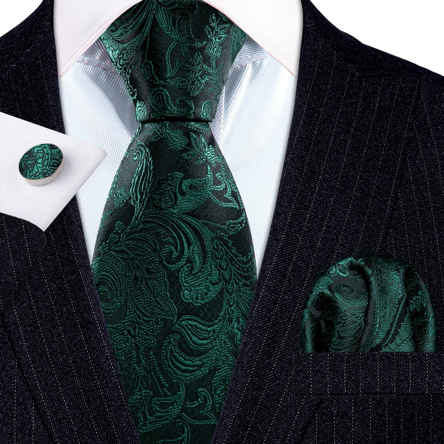 Black Green Paisley Silk Tie Hanky Cufflinks Set