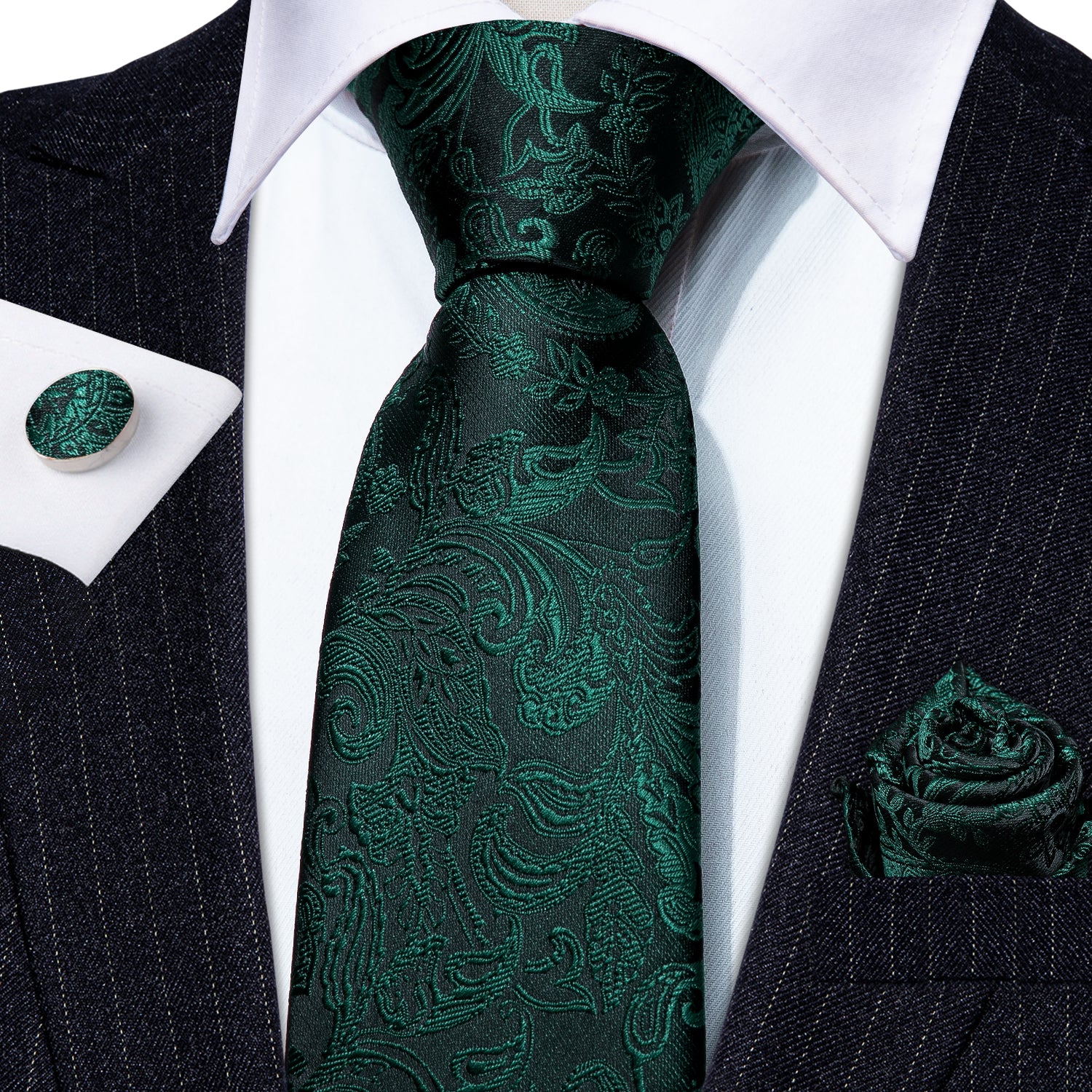 Black Green Paisley Silk Tie Hanky Cufflinks Set