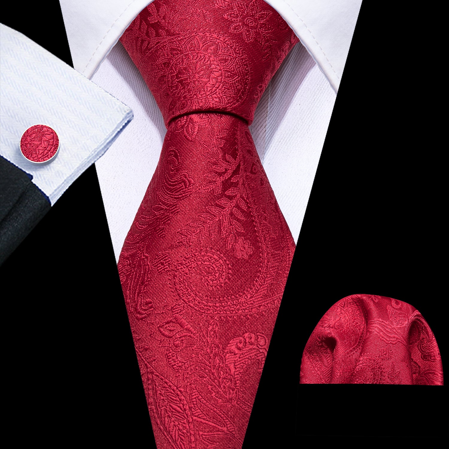 Red Paisley Silk Tie Hanky Cufflinks Set