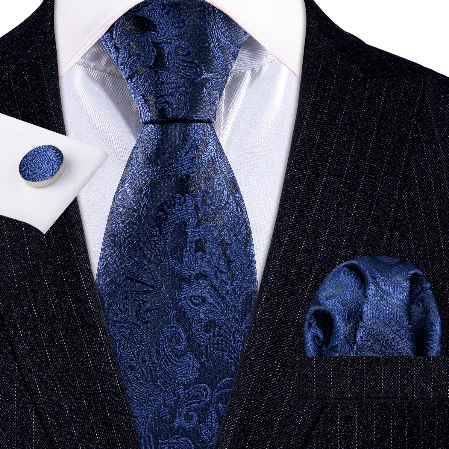Deep Blue Paisley Silk Tie Hanky Cufflinks Set