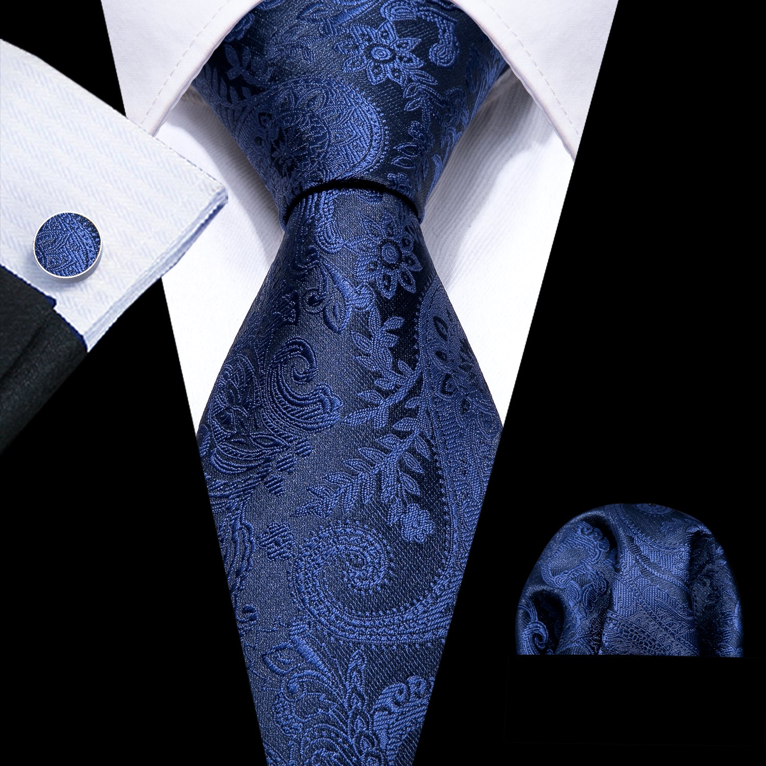 Deep Blue Paisley Silk Tie Hanky Cufflinks Set