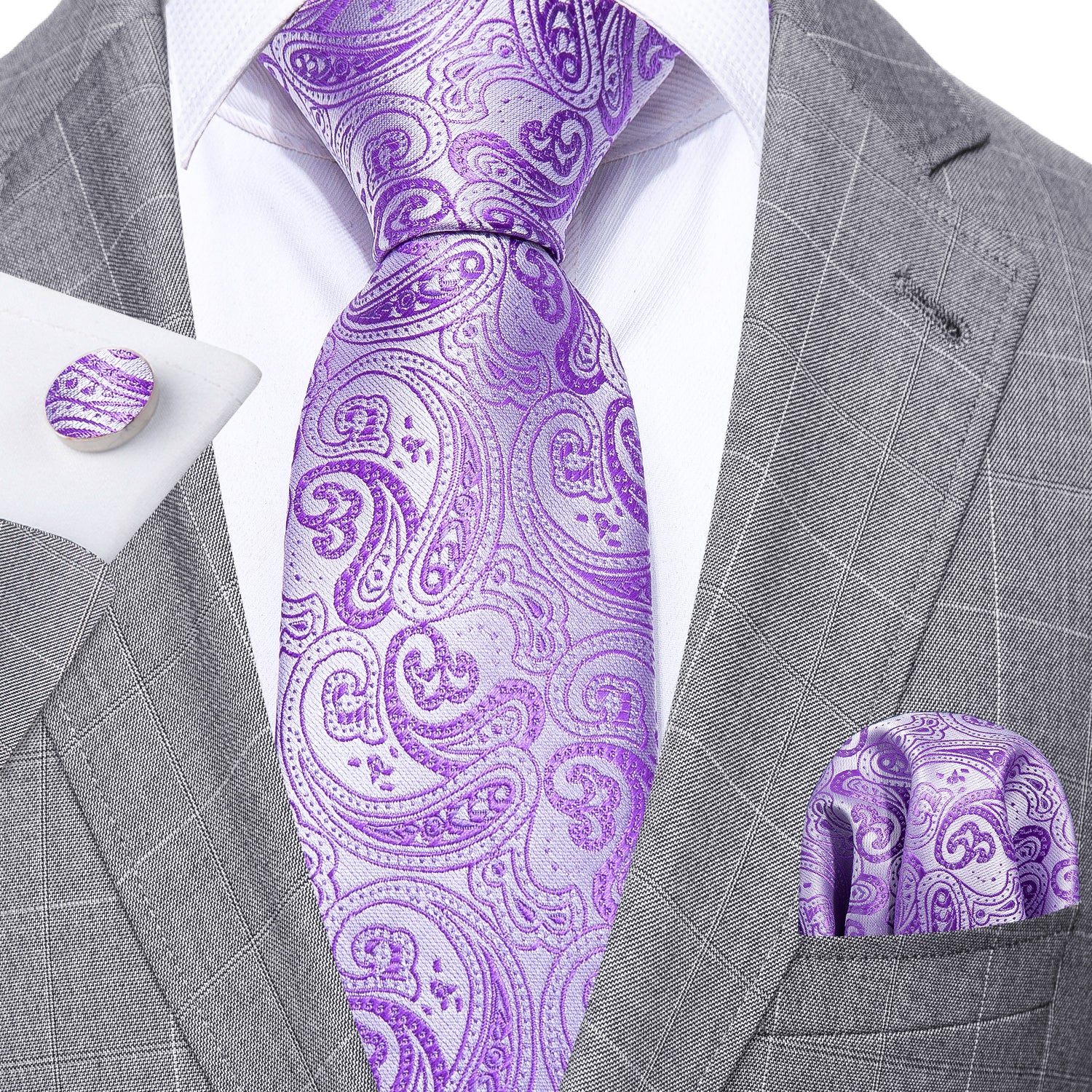 Purple Paisley Silk Tie Pocket Square Cufflinks Set