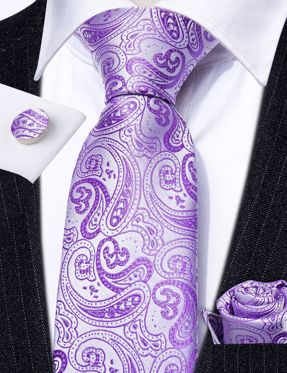 purple paisley white necktie for men 