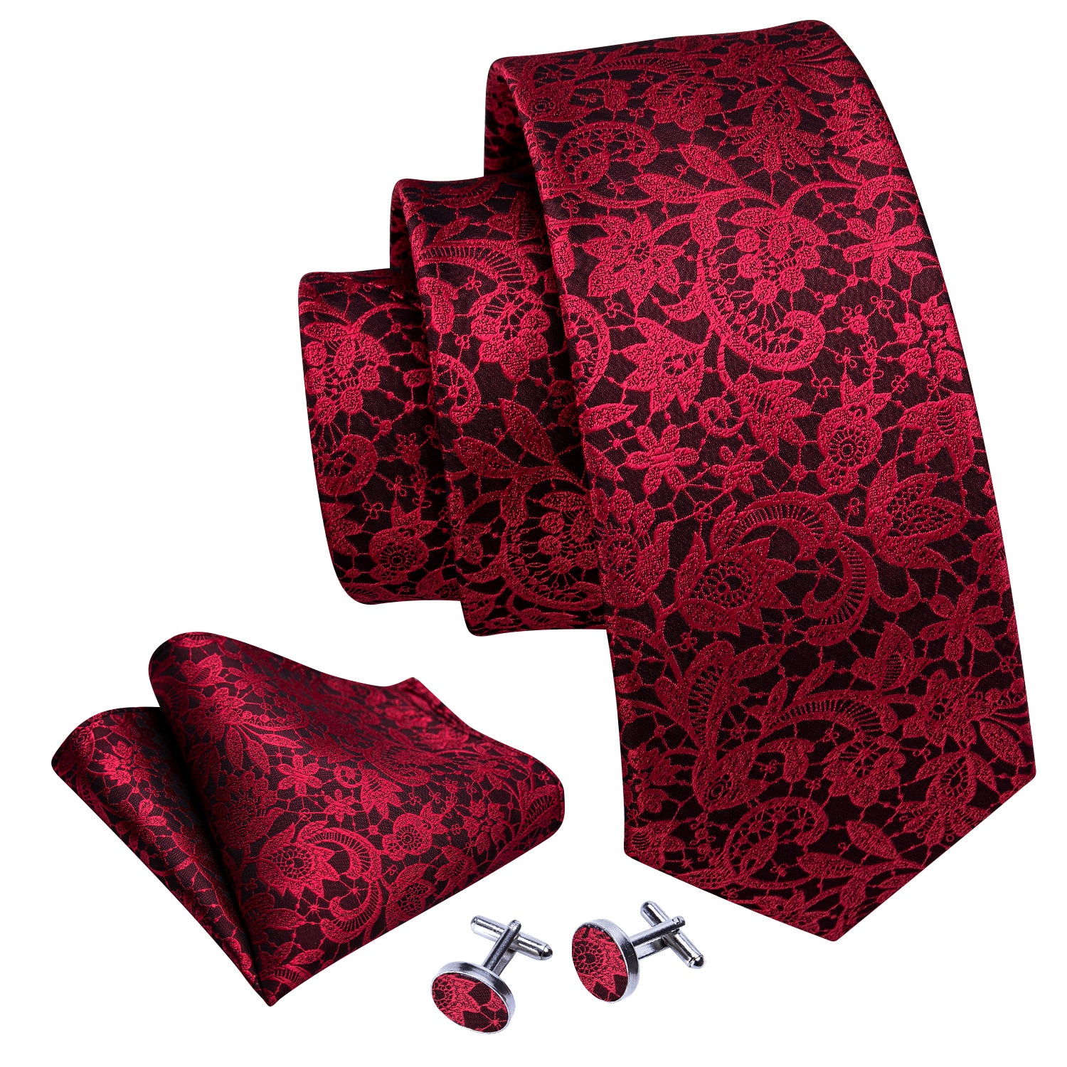 New Red Paisley Silk Tie Handkerchief Cufflinks Set