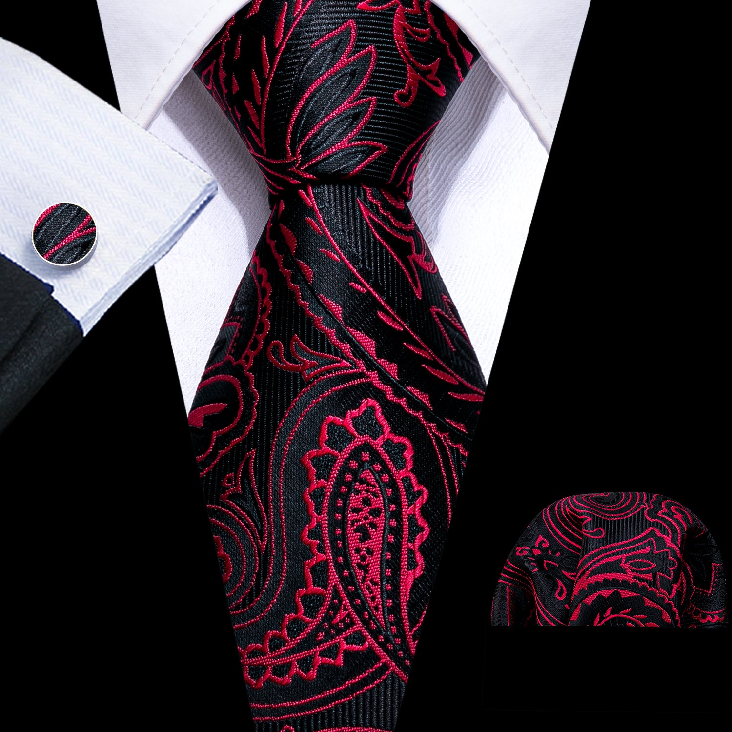 Red Black Paisley Silk Tie Handkerchief Cufflinks Set