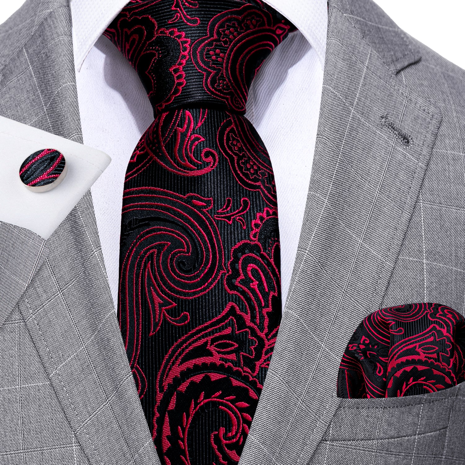 New Red Black Paisley Silk Tie Handkerchief Cufflinks Set