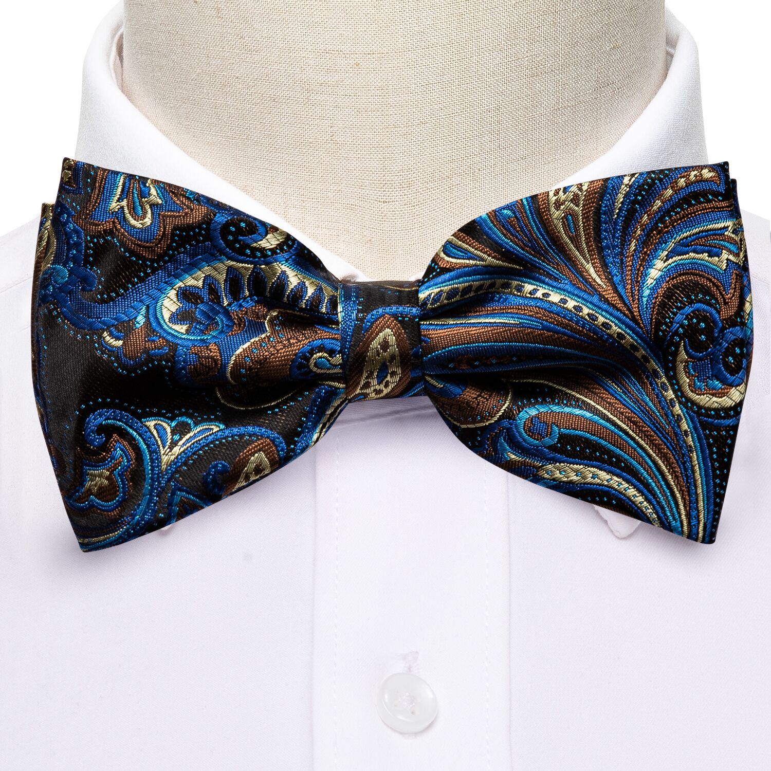  Blue Brown Paisley Pre-tied Bow Tie Hanky Cufflinks Set