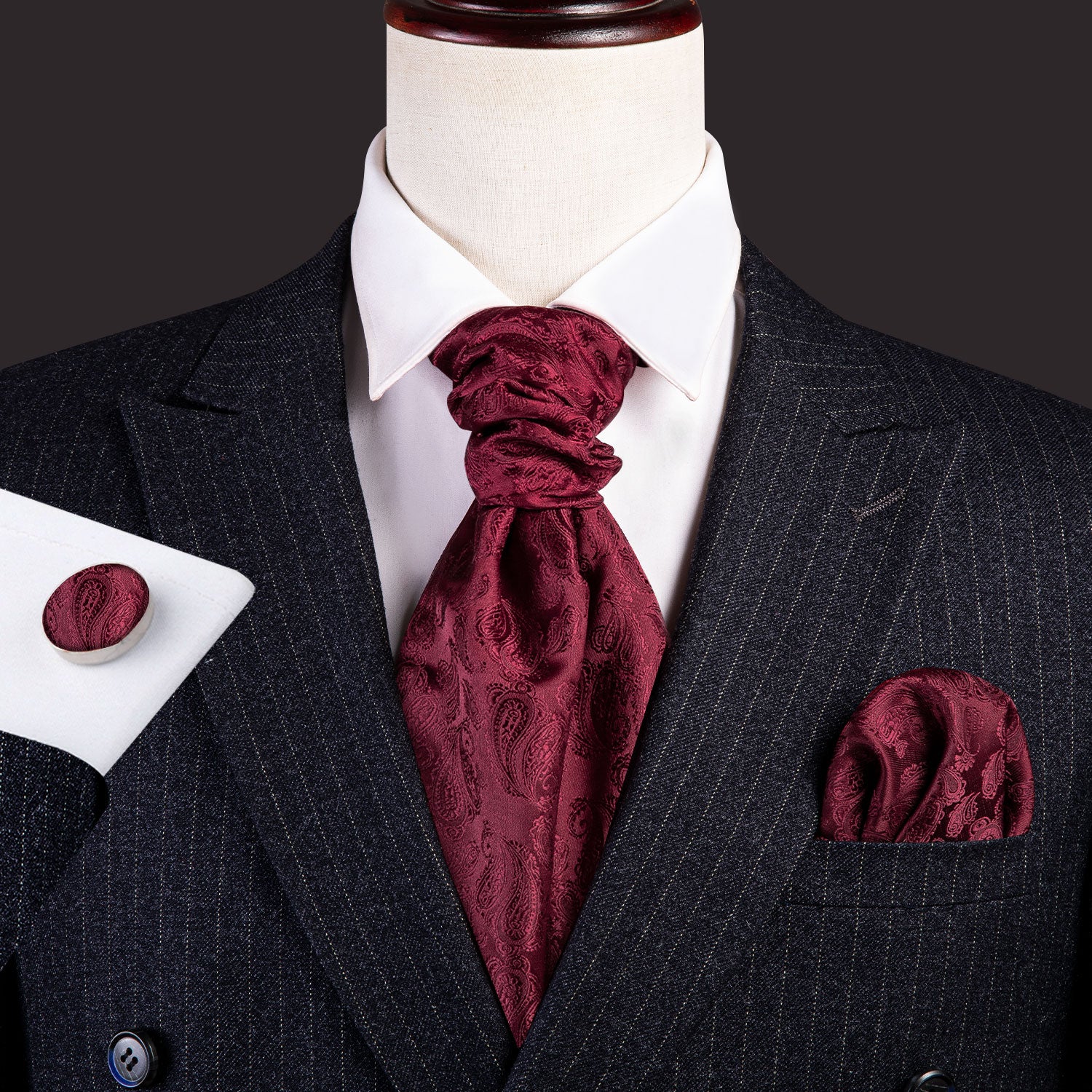 Deep Red Paisley Ascot Handkerchief Cufflinks
