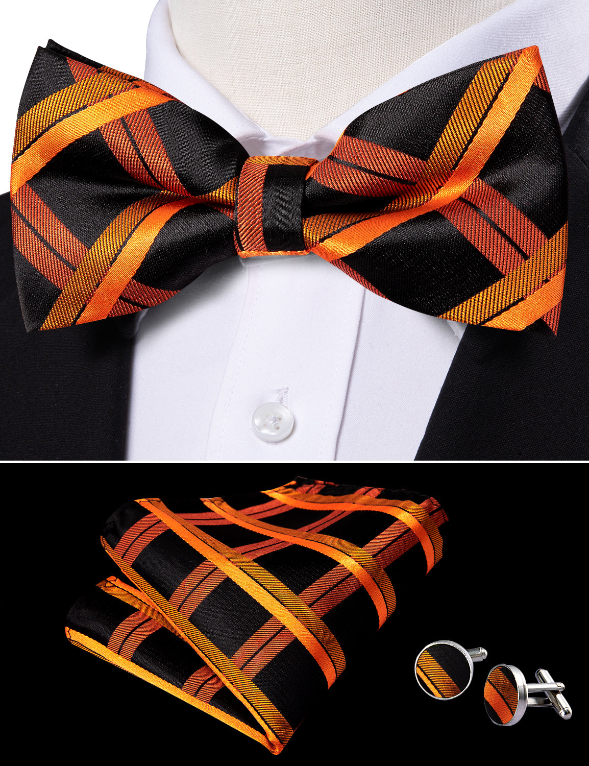 Black Orange Plaid Pre-tied Bow Tie Hanky Cufflinks Set