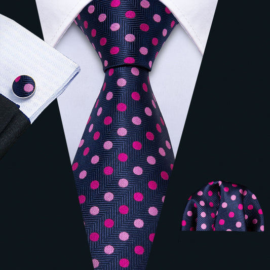 Pink Purple Polka Dot Men's Tie Pocket Square Cufflinks Set