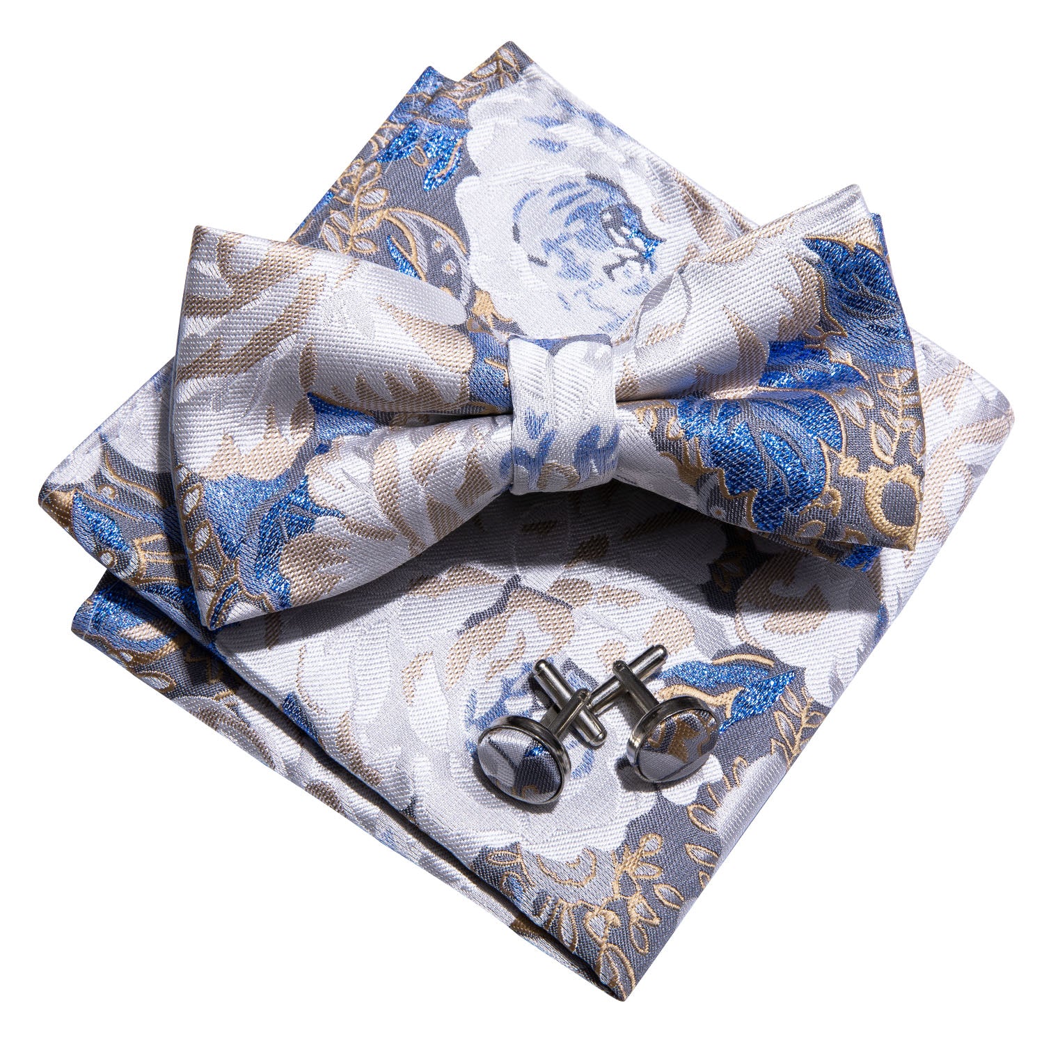Barry.wang White Tie Blue Floral Pre-tied Bow Tie Hanky Cufflinks Set
