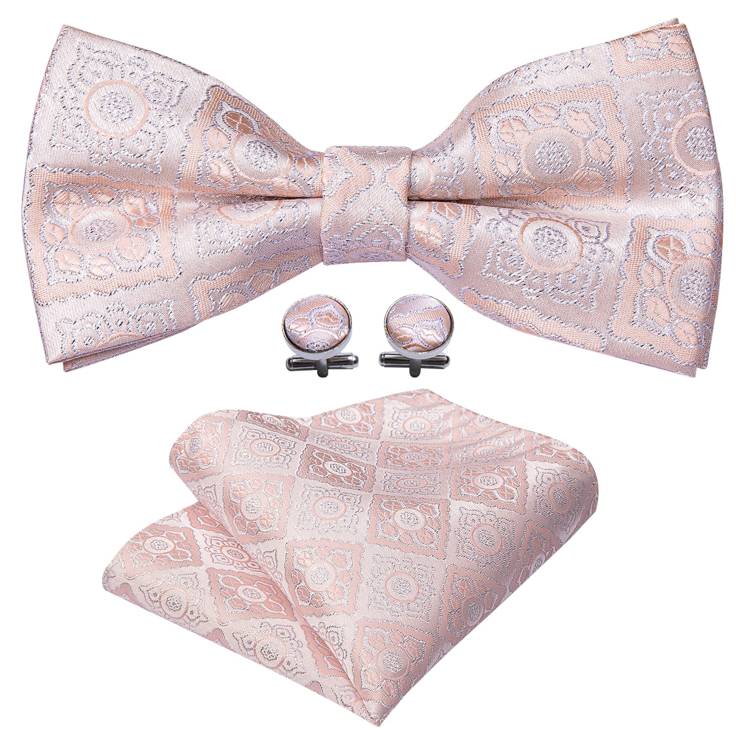 Barry.wang Pink Tie Paisley Pre-tied Bow Tie Ring Hanky Cufflinks Set