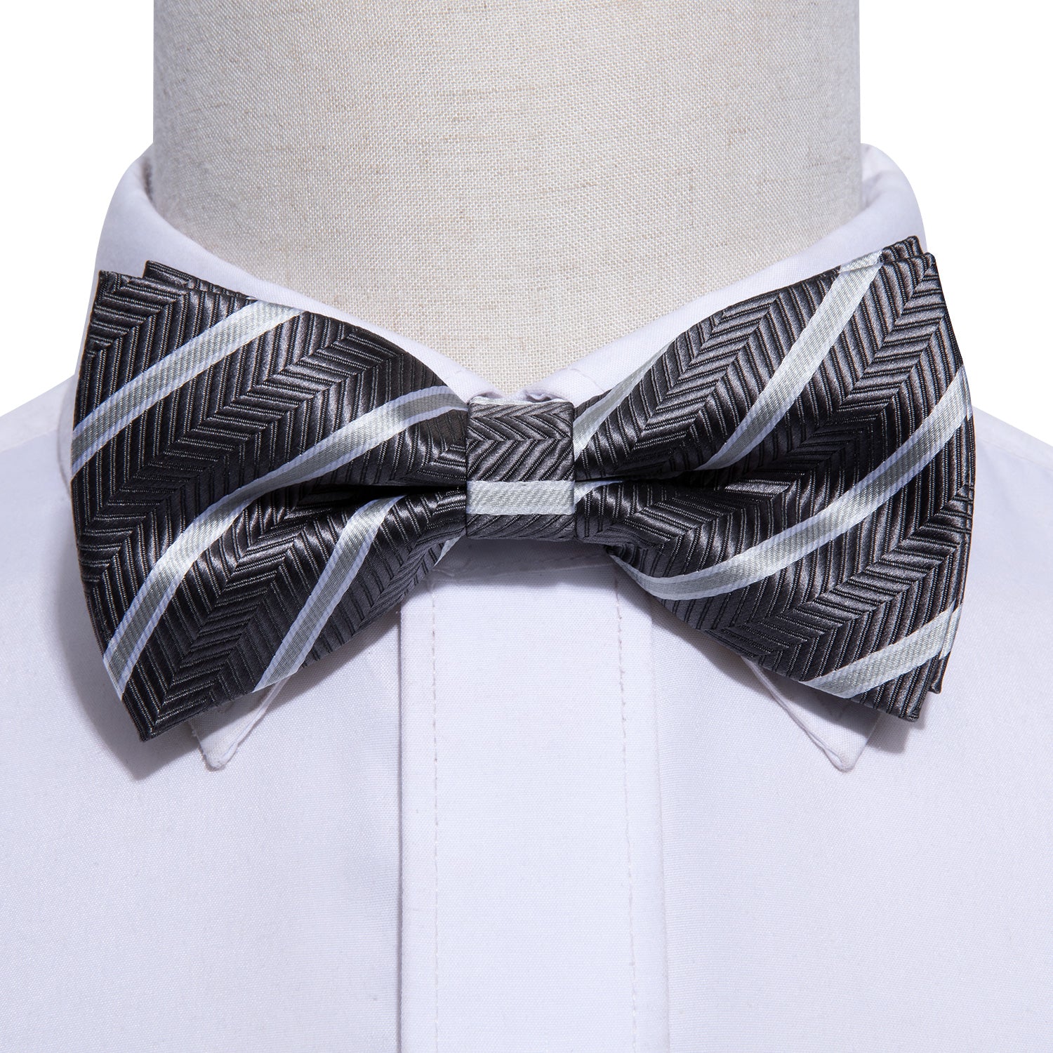 Black White Stripe Pre-tied Bow Tie Hanky Cufflinks Set