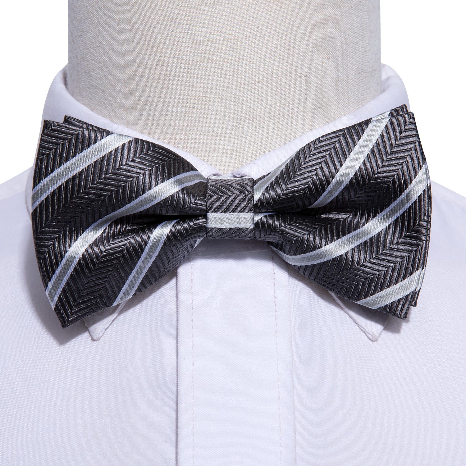 Dark Grey Ties Stripe Pre-tied Bow Tie Hanky Cufflinks Set