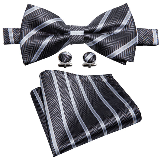 Dark Grey Ties Stripe Pre-tied Bow Tie Hanky Cufflinks Set