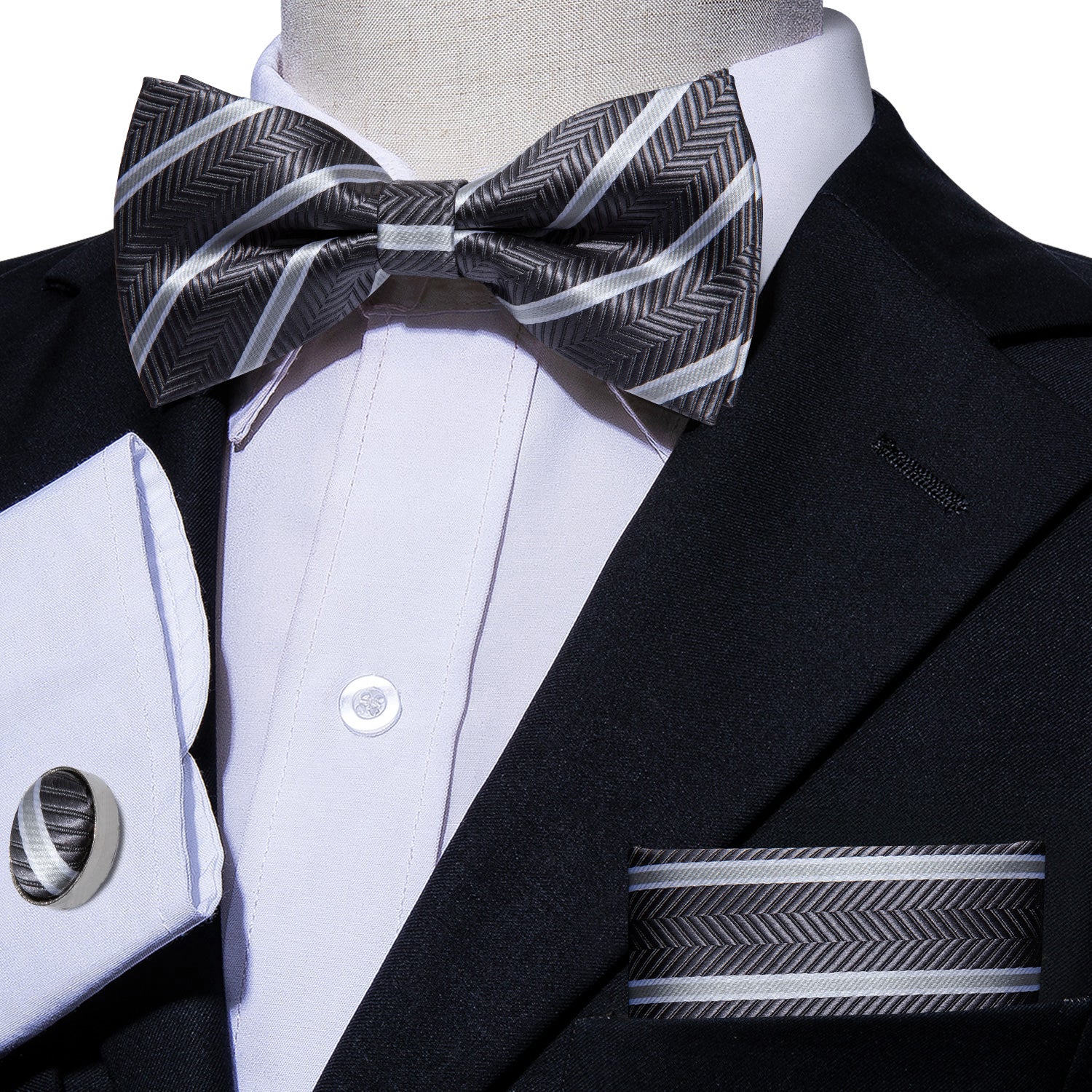 Dark Grey Ties Stripe Pre-tied Bow Tie Hanky Cufflinks Set