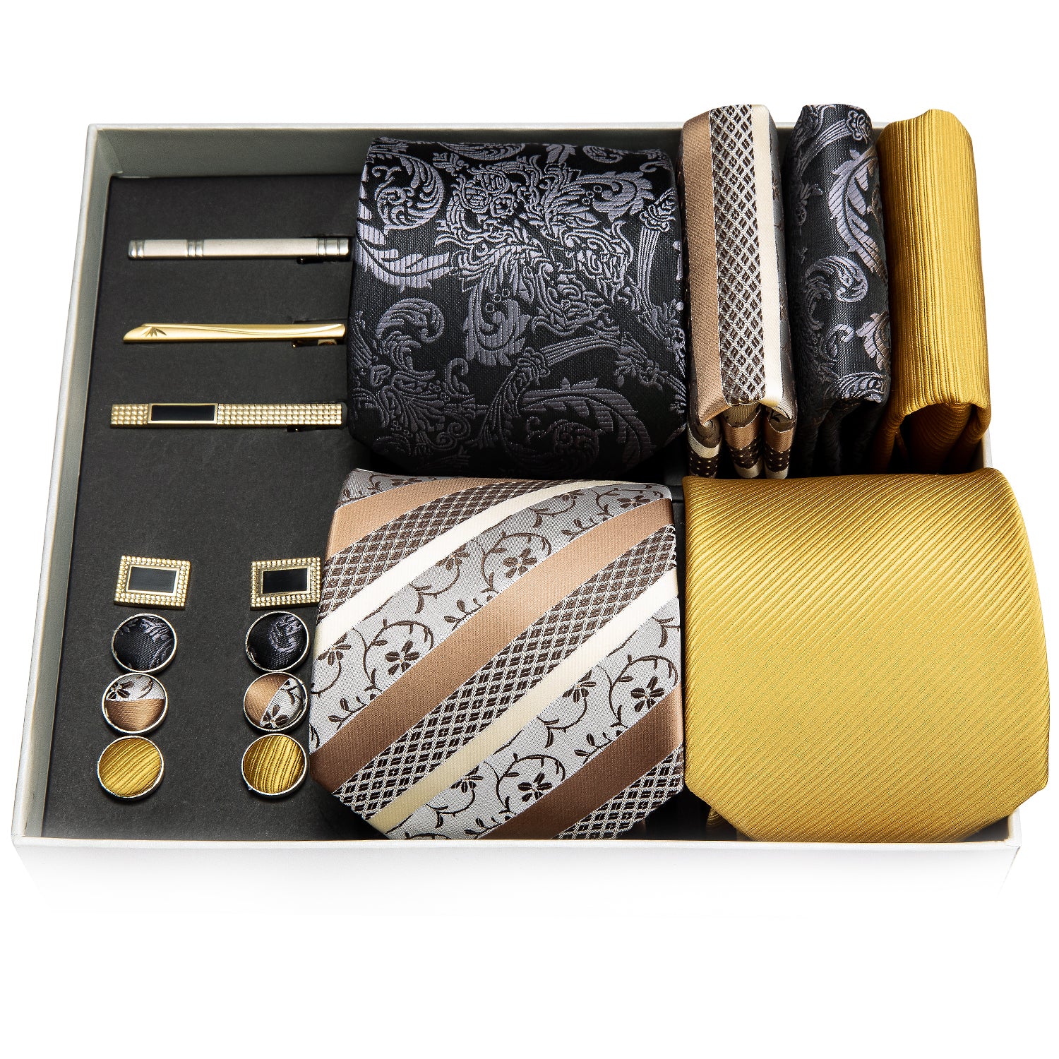 Black Yellow Champagne Floral Silk Wedding Necktie Pocket Square Gift Box Set