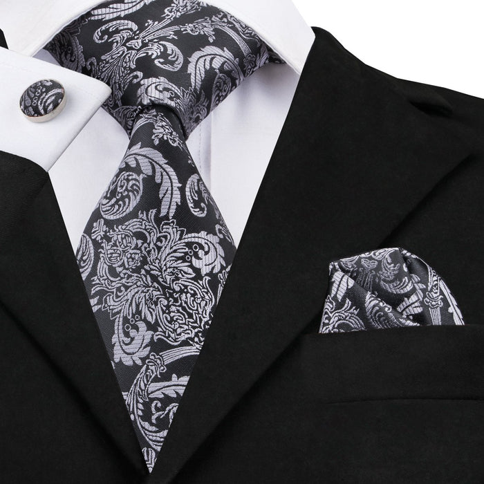 New Luxury Black Silver Floral Scarf with Tie Set
