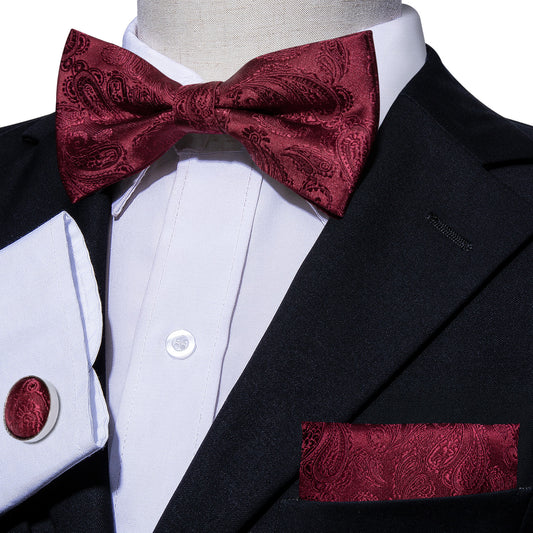 Barry. Wang Burgundy Floral Bow Tie Pre-tied Paisley Adjustable Bowtie Pocket Square Cufflinks Set