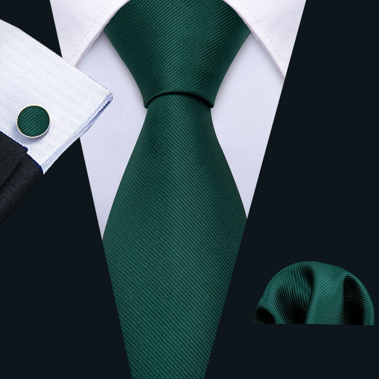 Formal Green Solid Tie Pocket Square Cufflinks Set 8.5cm Fashion Designer Neckties with Brooches Easy Matching
