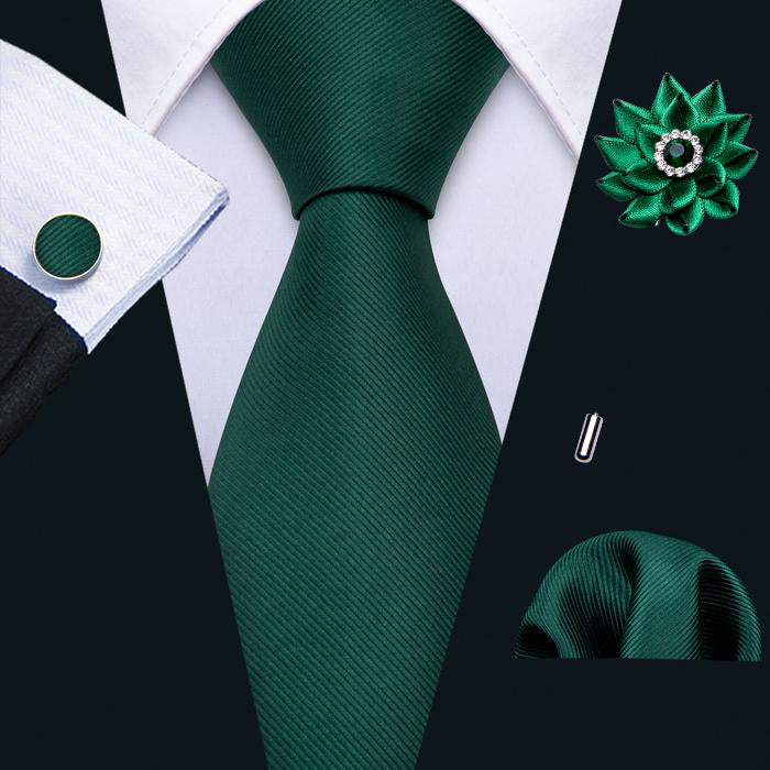 Mens Wedding Tie Green Solid 8.5CM Necktie Pocket Square Cufflinks Brooch Set