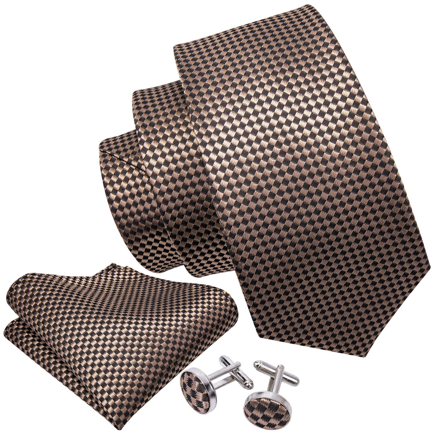  Black BrownNecktie  Plaid Tie Pocket Square Cufflinks Set