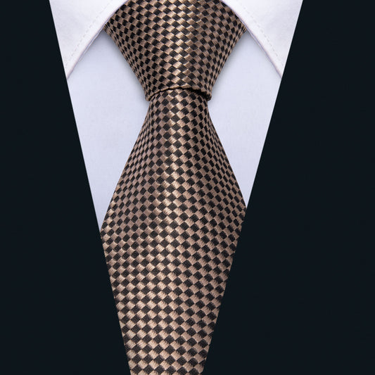  Black BrownNecktie  Plaid Tie Pocket Square Cufflinks Set