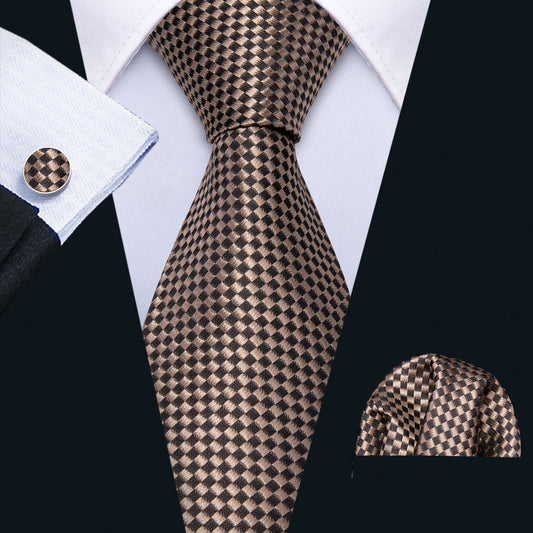  Black BrownNecktie  Plaid Tie Pocket Square Cufflinks Set