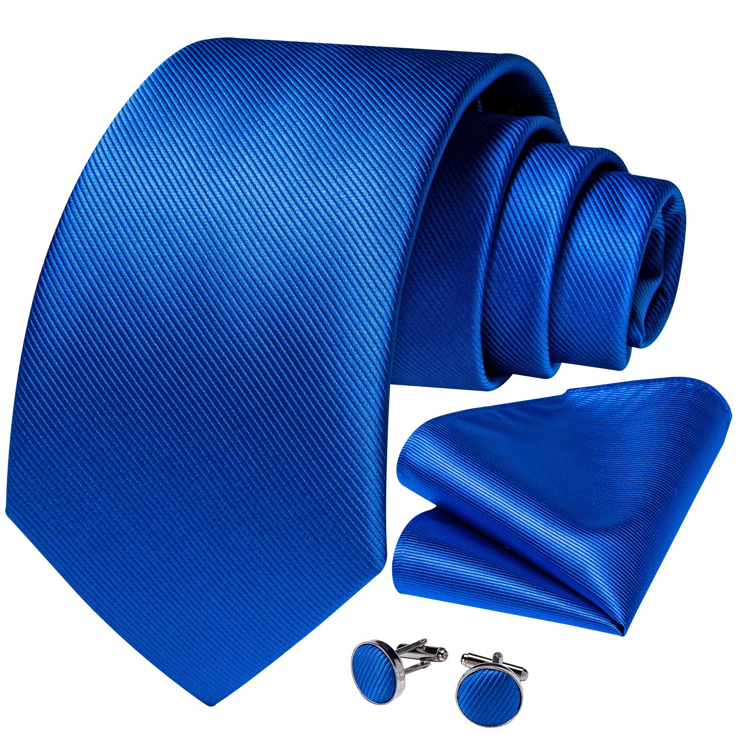 Classic Blue Solid Silk Tie Pocket Square Cufflinks Set