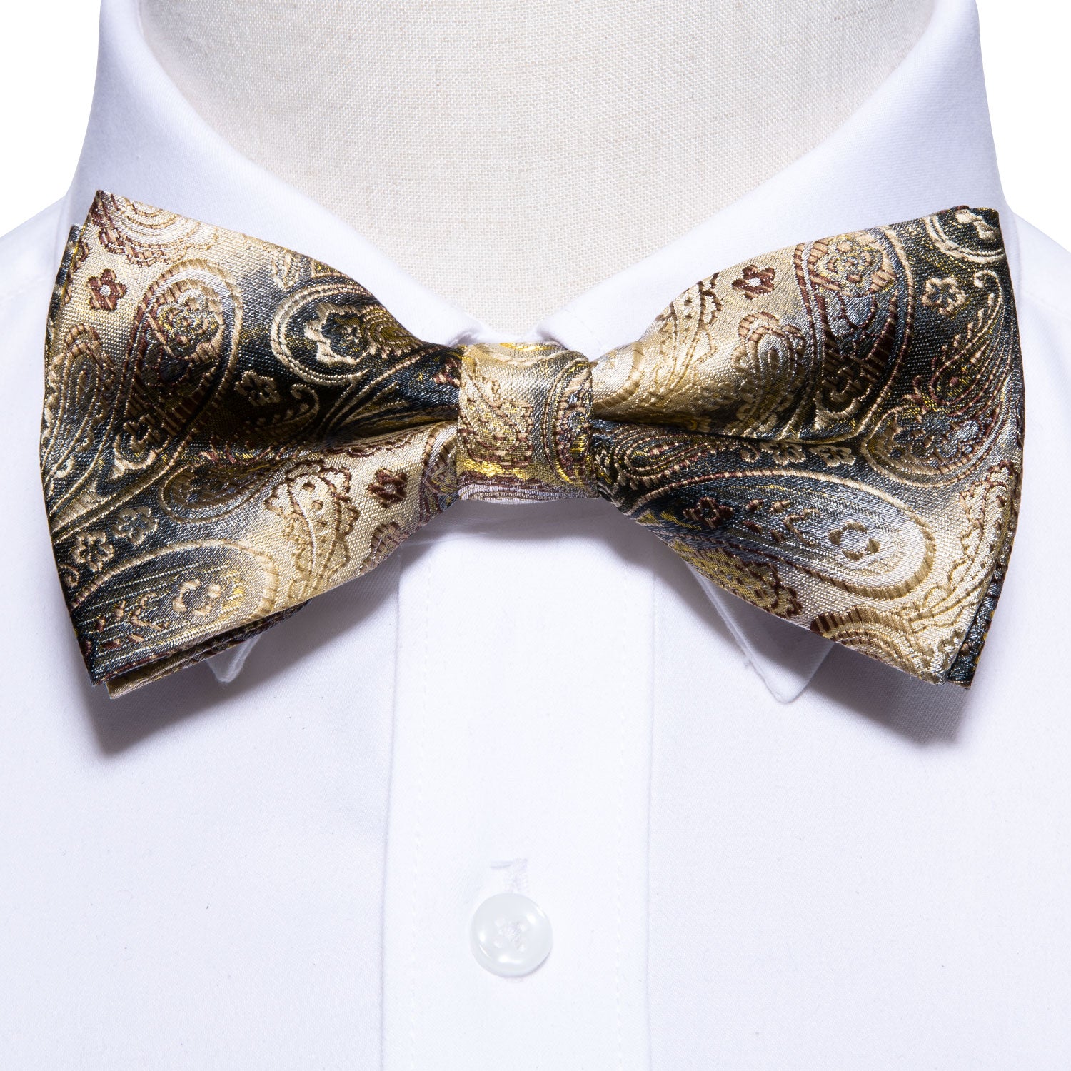 Men Brown Grey Paisley Pre-tied Bow Tie Hanky Cufflinks Set