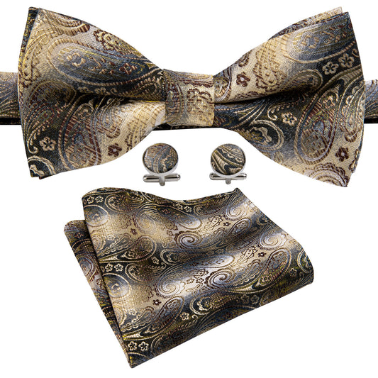 Men Brown Grey Paisley Pre-tied Bow Tie Hanky Cufflinks Set