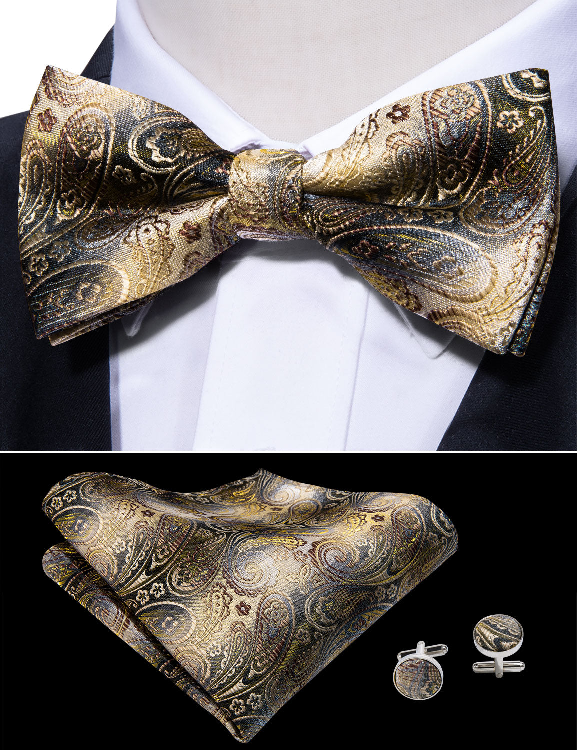 Men Brown Grey Paisley Pre-tied Bow Tie Hanky Cufflinks Set
