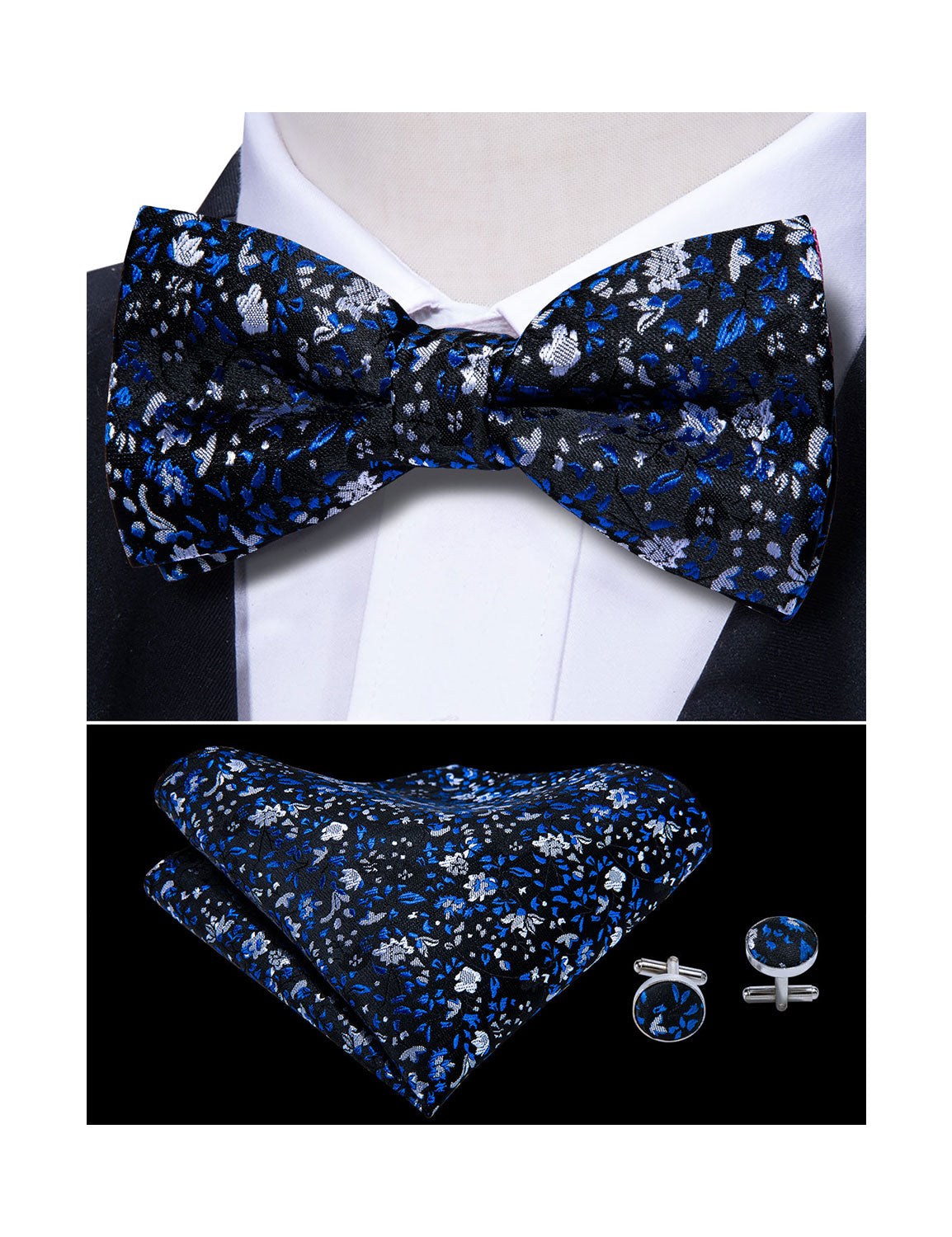 Deep Blue Floral Bow Tie Set
