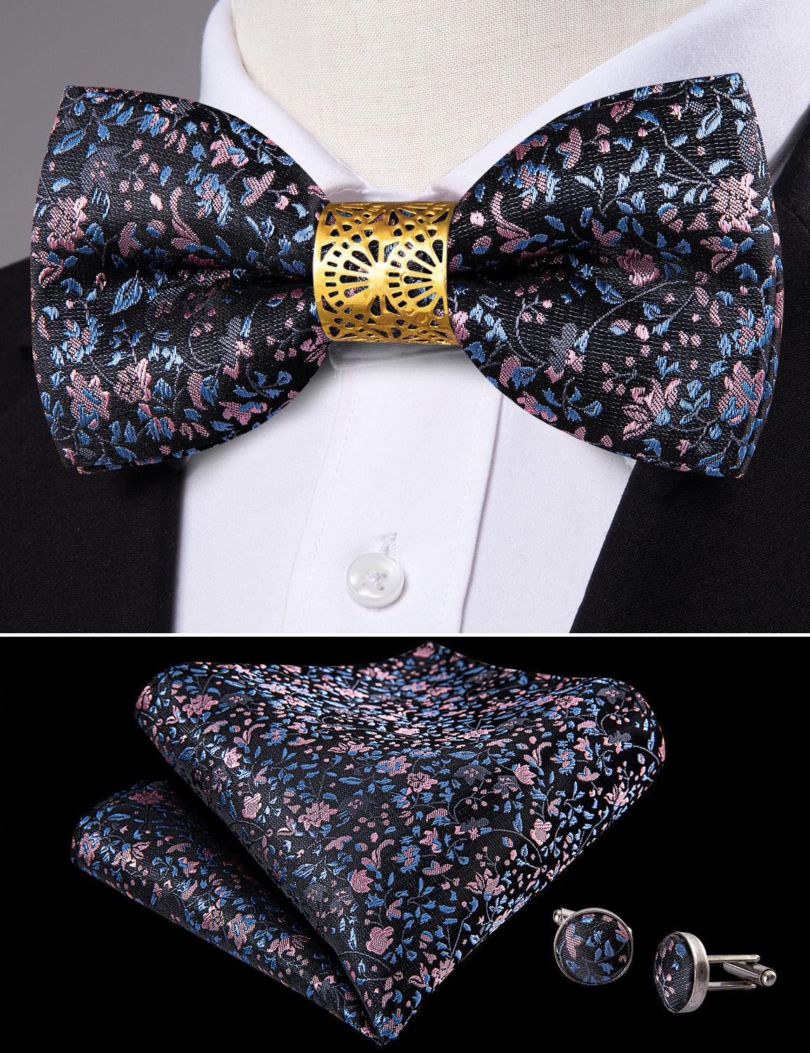 Luxury Paisley Pre-tied Bow Tie Hanky Cufflinks Set