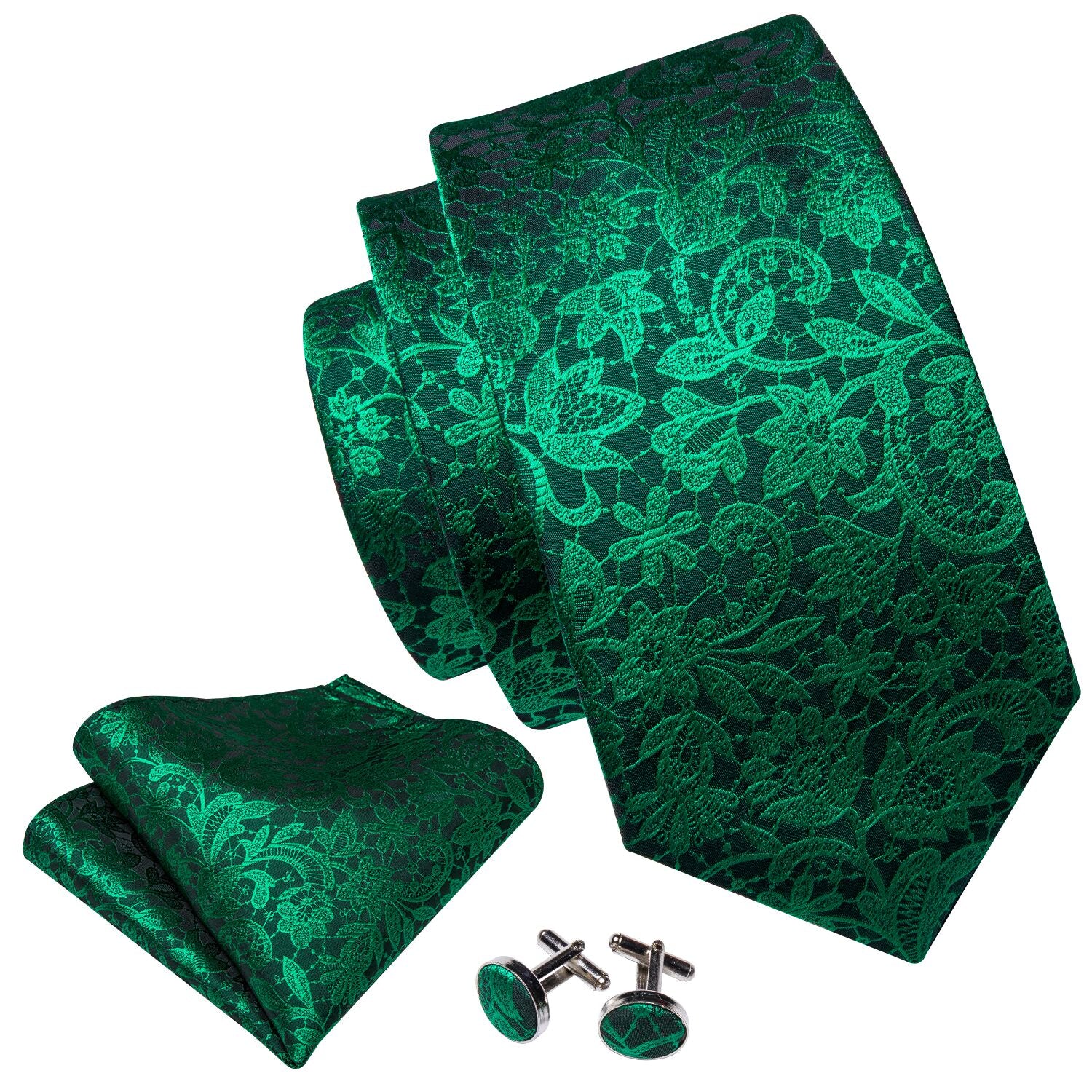 Barry.wang Floral Tie Fluorescent Green Paisley Silk Tie Hanky Cufflinks Set