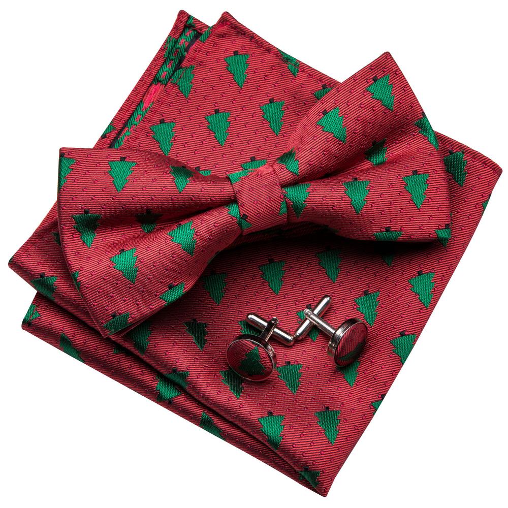 Red Tree Silk Pre-tied Bow Tie Hanky Cufflinks Set