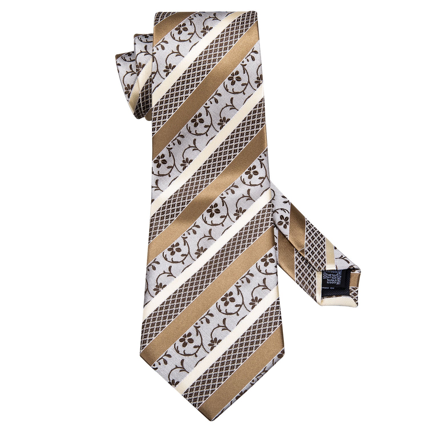 Barry.wang Floral Tie Silk Champagne White Striped Tie Pocket Square Cufflinks Set