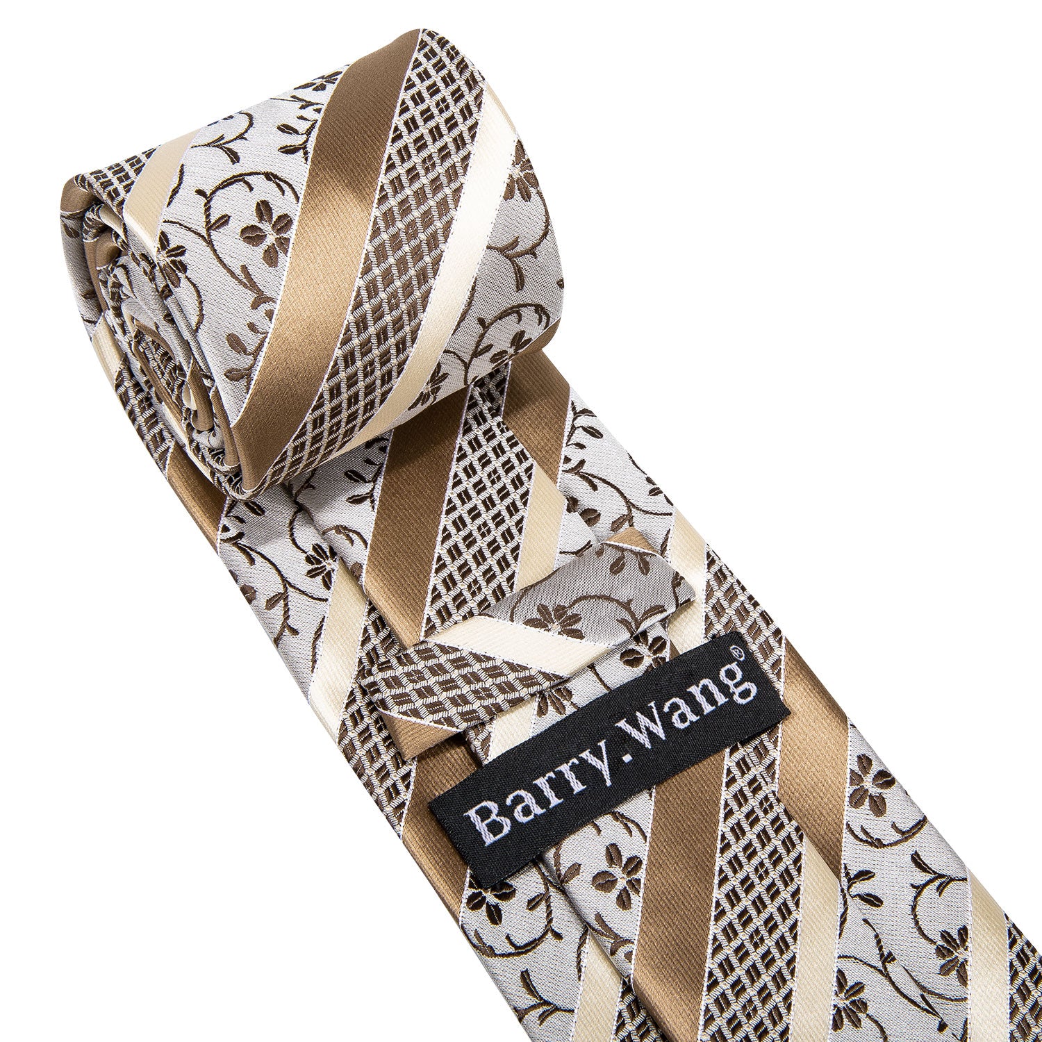 Barry.wang Floral Tie Silk Champagne White Striped Tie Pocket Square Cufflinks Set
