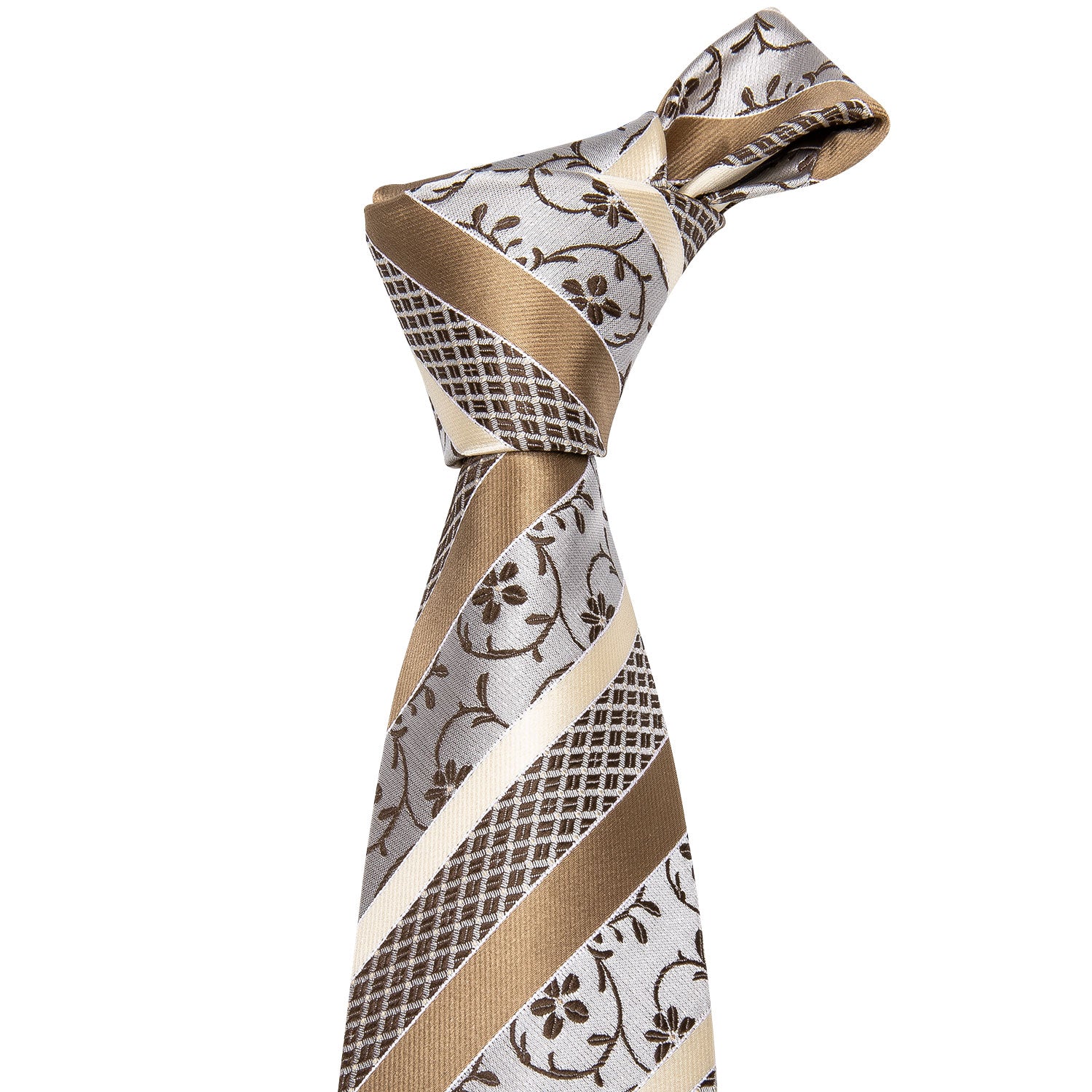 Fashion Champagne White Striped Silk Tie Pocket Square Cufflinks Set