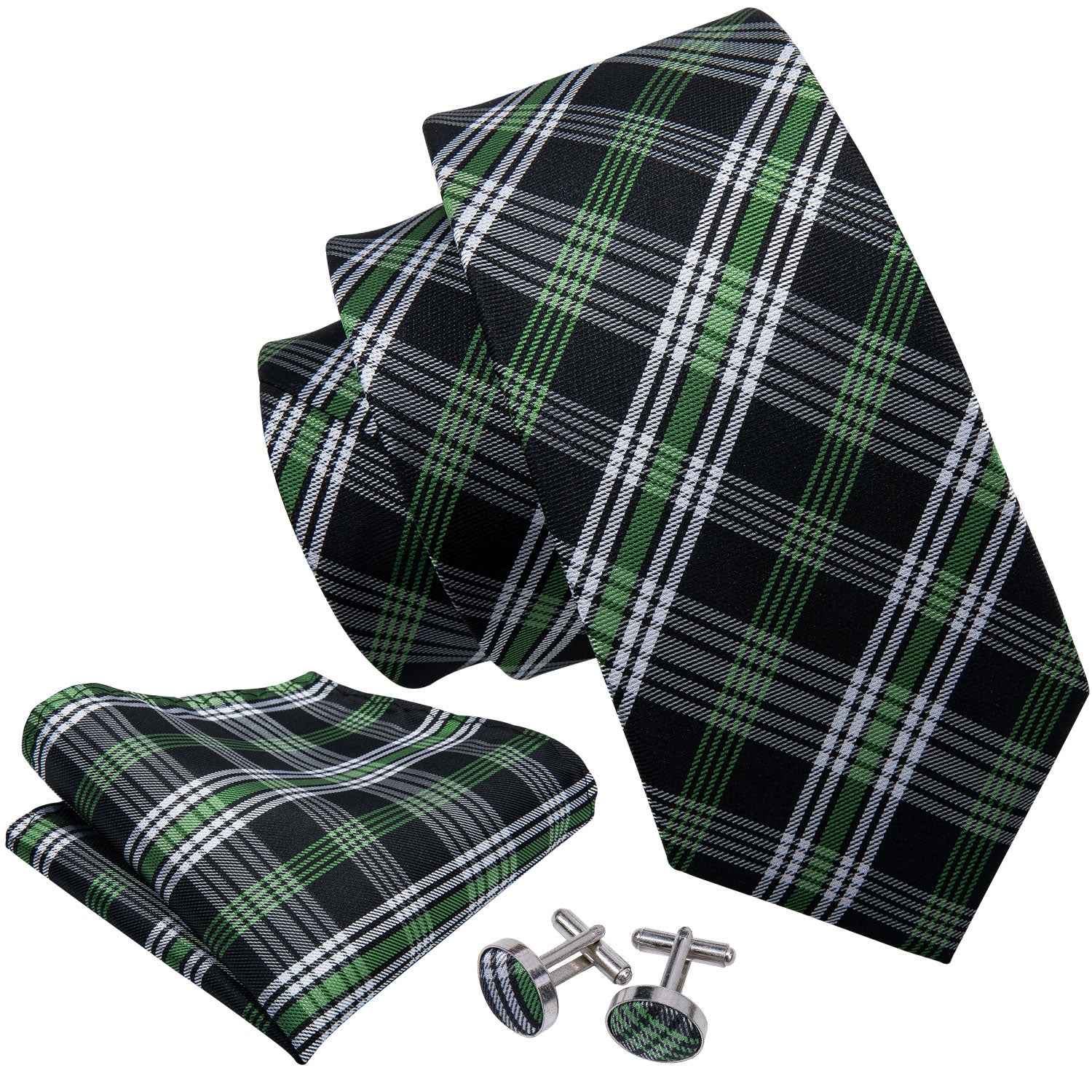 Black Green White Plaid Tie Pocket Square Cufflinks Set