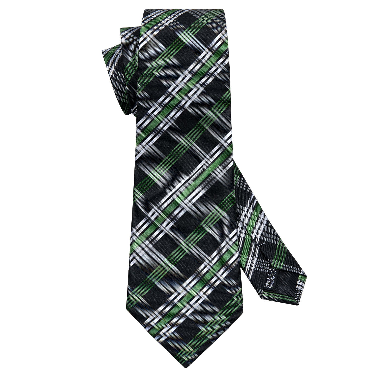 Black Green White Plaid Tie Pocket Square Cufflinks Set