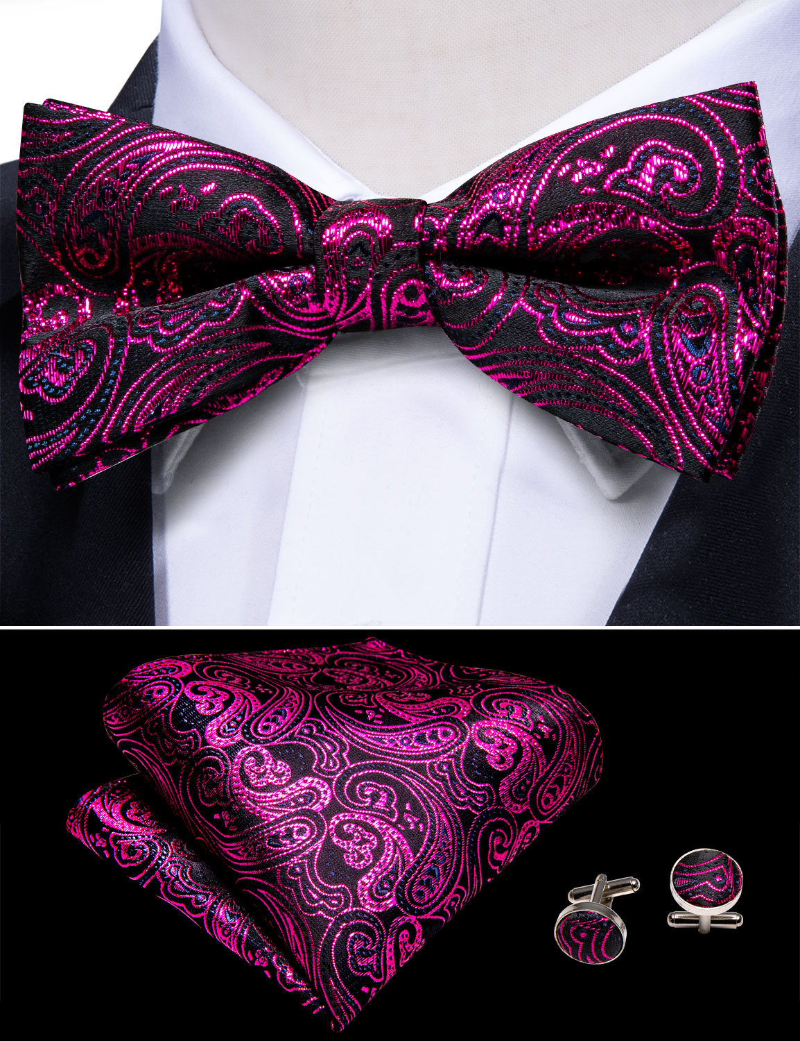 Red Paisley Pre-tied Bow Tie Set