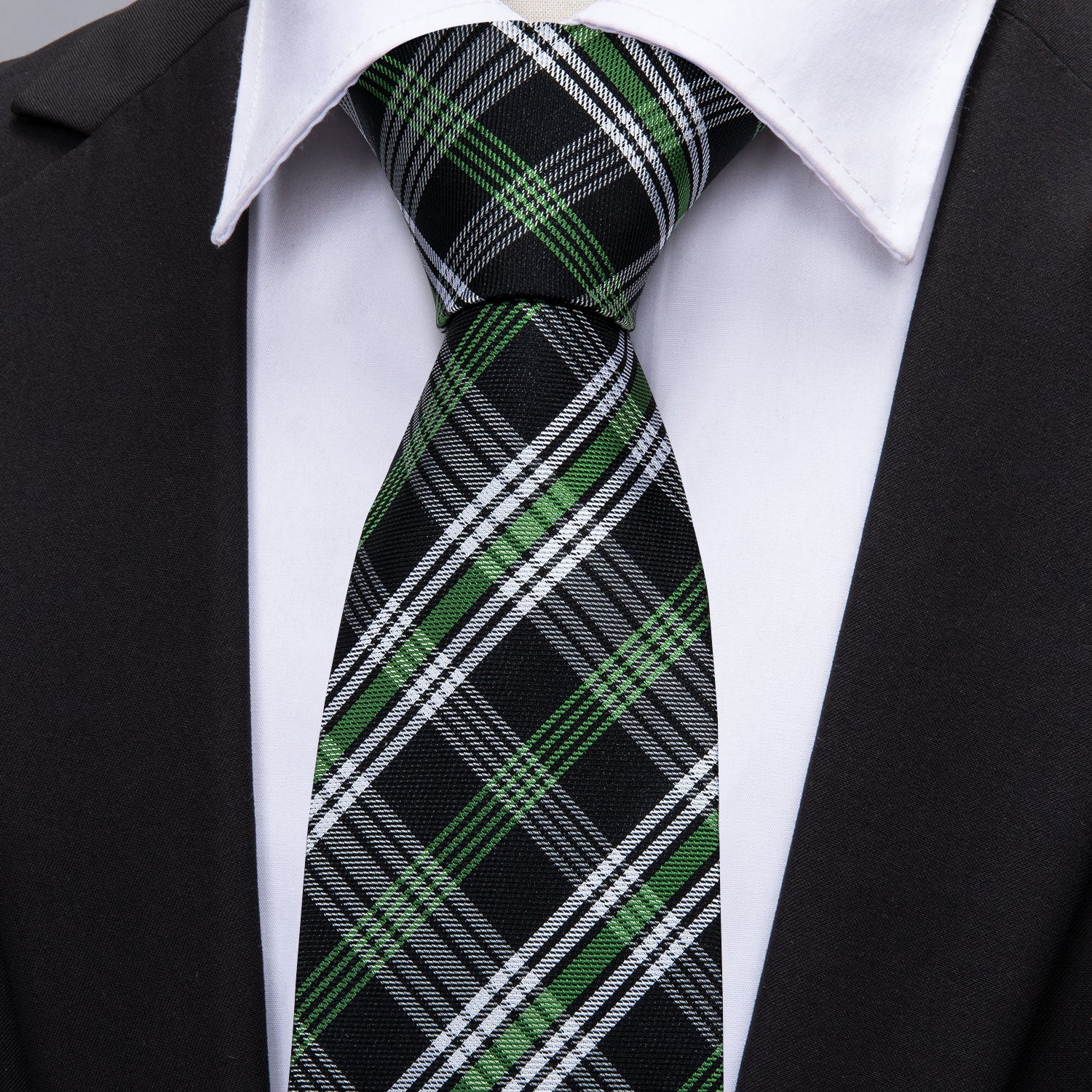 Black Green White Plaid Tie Pocket Square Cufflinks Set