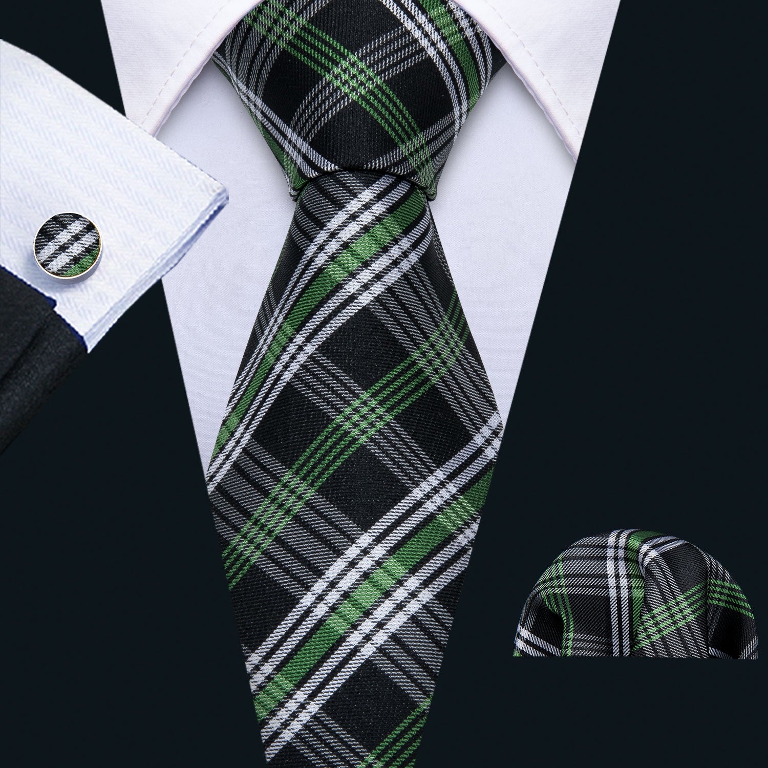 Classic Black Green White Plaid Tie Pocket Square Cufflinks Set